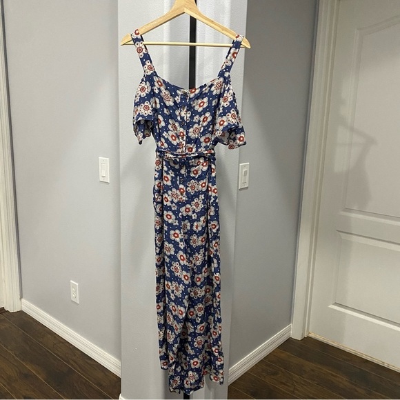 ANTHROPOLOGIE 100% Silk M.i.h Floral Wide Leg Belted Jumpsuit Blue Red Sz Small - Picture 2 of 6